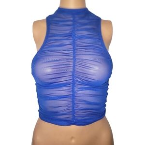 Blue sheer, rouched cropped tank top